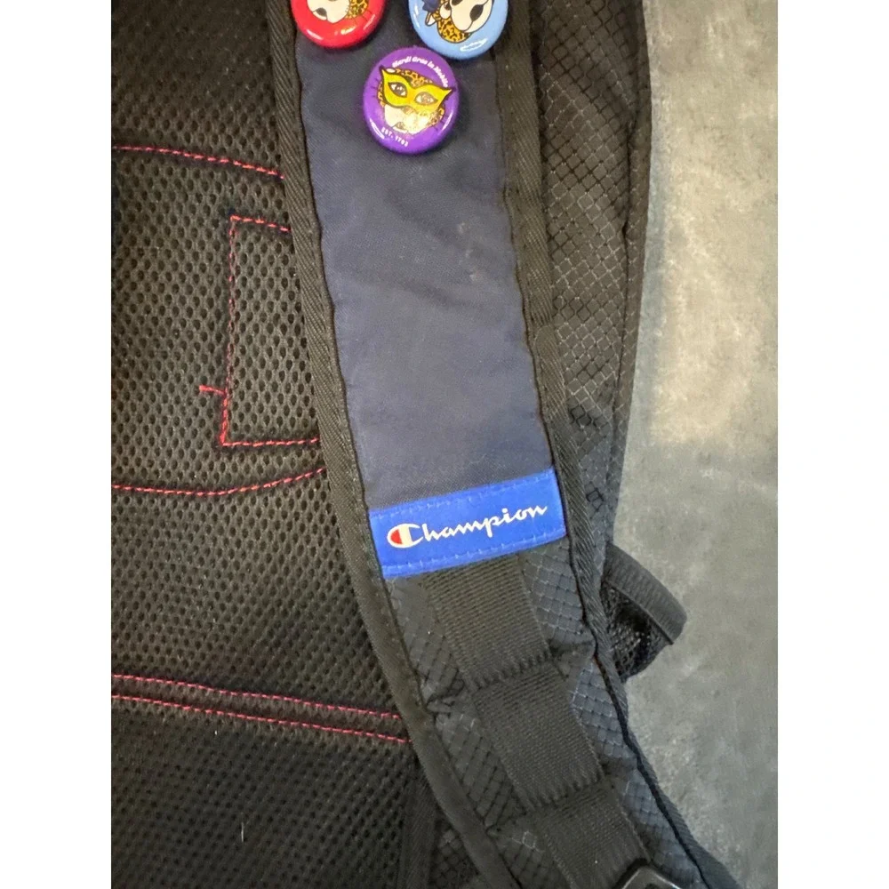 Champion Backpack Navy Blue Black Red Embroidered Logo School Travel Bag Pins